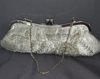 Vintage 1980’s Silver Beaded Chain Handle Long Evening Bag