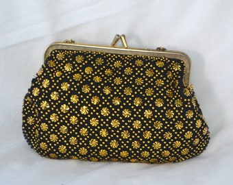 Vintage 1980’s Black and Gold Beaded Purse with Short Gold Handle