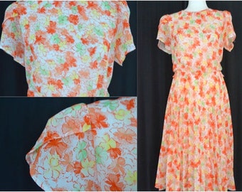 Vintage 1980 K.Dress Orange flower Dress with pleated skirt