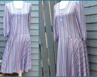 Vintage 1980 Handmade Striped Dropped Waist Dress