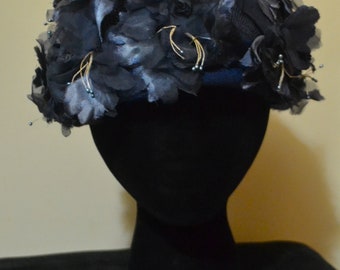 Vintage 1950’s Navy Pill Box Hat with fabric flowers