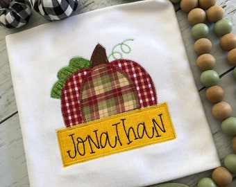 Personalized Fall Shirt for kids,Custom Embroidered Applique Pumpkin Shirt,Plaid Pumpkin Shirt for Kids,Personalized Pumpkin Onesie,Fall Tee