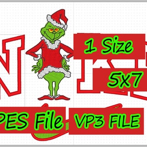 May include: Green Grinch character wearing a Santa hat and red suit, standing in front of the word "NICE" in red with a white outline. The text "1 Size 5x7 PES File VP3 FILE" is also included in red with a green outline.