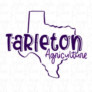 May include: A purple graphic featuring the outline of Texas with the word "Tarleton" in bold letters and "Agriculture" underneath. The design is a simple, clean illustration, perfect for apparel or stickers.