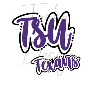 May include: A digital graphic featuring the letters "TSU" in purple, outlined in black, with decorative dots. Below, the word "Texans" is written in a similar style. The design is on a white background.