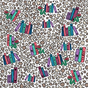 Puede incluir: Un patrón sin costuras que presenta pilas de libros coloridos con un gusano que lleva gafas en cada pila. El fondo es un estampado de leopardo blanco y marrón.