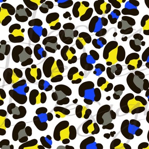 May include: A seamless pattern featuring a leopard print design in black, yellow, and blue. The background is white.