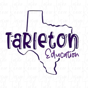 May include: A purple graphic featuring the outline of the state of Texas with the word "Tarleton" in a bold, stylized font. Below the word "Tarleton" is the word "Education" in a smaller, cursive font.