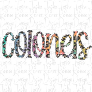 May include: The word "colonels" is written in a colorful, rainbow-style font with a leopard print pattern.