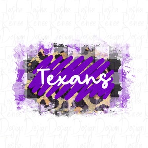 May include: Purple and black plaid and leopard print background with a purple and white "Texans" graphic.