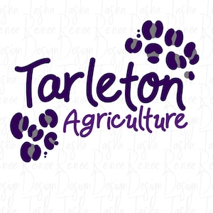 May include: A logo design featuring the words "Tarleton Agriculture" in a dark purple script font. The design includes stylized paw prints in purple and gray, creating a playful and modern aesthetic.