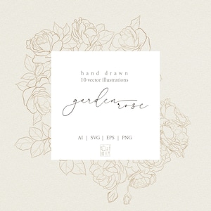 Garden Rose Line Art, Bouquet Lineart, Botanical Clipart, SVG, Hand Drawn, Floral Branches, Vector, Flower, Decorate, Foliage, Line Drawing