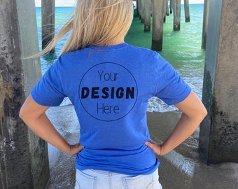 blue back of shirt beach mockup, bella and canvas 3001 heather true royal shirt back mockup, water shirt mock-up, royal blue shirt mockup