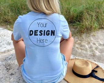 Bella and canvas 3001 light blue beach shirt mockup, bella and canvas 3001 beach mockup, back of shirt mockup, light blue shirt back mockup