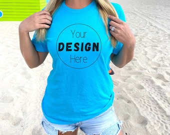 Bella and canvas 3001 turquoise shirt mockup, bella and canvas 3001 beach mockup, turquoise mock-up, beach shirt mockup, blue mockup