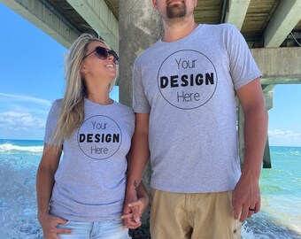 bella and canvas 3001 athletic heather couple shirt mockup, couple shirt beach mockup, couple shirt mock-up, model shirt mockup