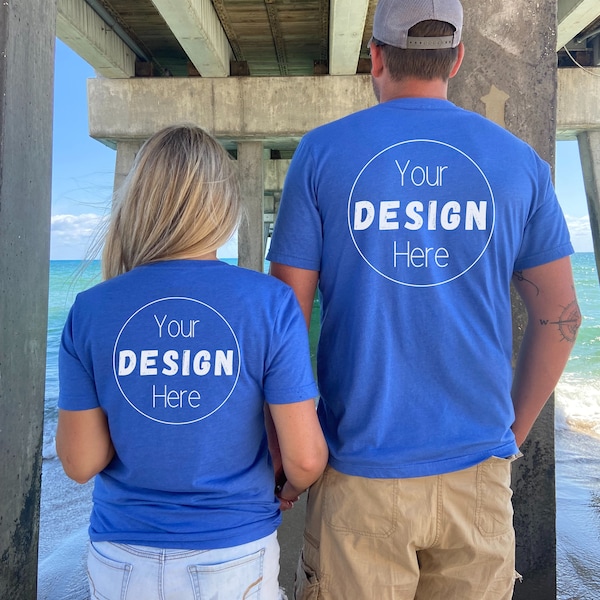 bella and canvas 3001 heather true royal couple back of shirt mockup, couple shirt beach mockup, couple shirt mock-up, model shirt mockup