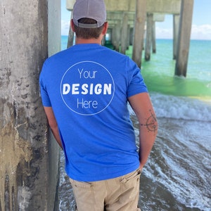 Blue shirt mock up, back of shirt male beach mockup, bella and canvas 3001 heather true royal, nautical shirt mock-up, male shirt mockup