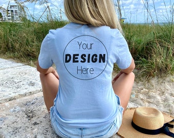Bella and canvas 3001 light blue beach mockup, bella and canvas 3001 shirt mockup, back of shirt mockup, light blue shirt back mockup