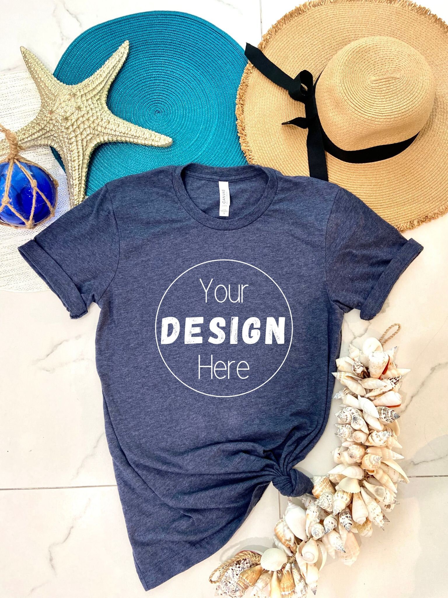 Bella and canvas 3001 beach mockup, bella and canvas 3001 heather navy shirt mockup, heather navy mock-up, beach shirt mockup, flat lay