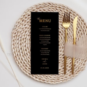 Czarno-złoty szablon menu, Szablon menu weselnego, Karty menu czarno-złote, Minimalistyczne menu weselne, Nowoczesne menu weselne, Natychmiastowe pobieranie