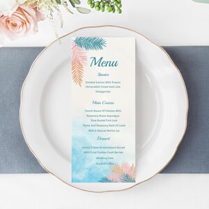 MAYA Strand Hochzeit Menü Kartenvorlage, tropisches Hochzeitsmenü, Palmblatt Hochzeitsmenü, modernes bearbeitbares Abendmenü, Druck Sofort Download