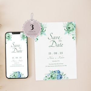 MINA Teal & Green Wedding Save the Date Template, Printable Save the Date, Digital Save the Date Invitation, Editable Text, Digital Download