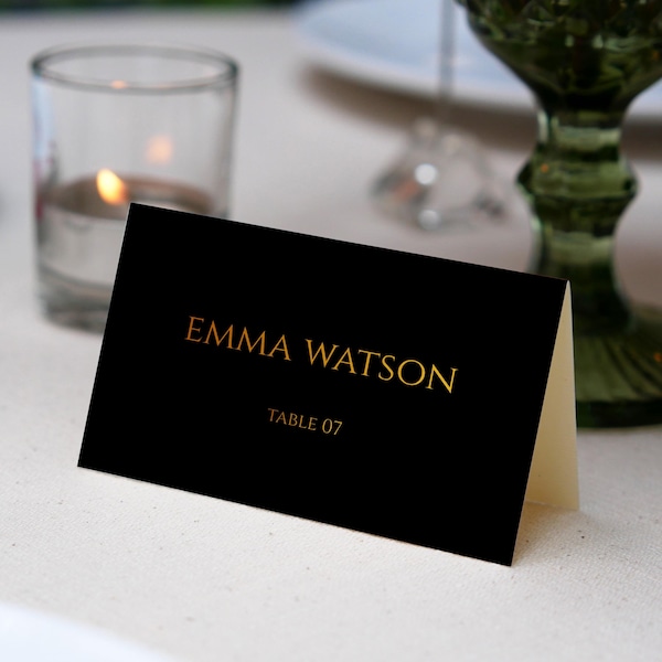 NASTYAH, Black and Gold Wedding Place Cards Template, Editable Place Card, Black Place Card, Wedding Cards, Wedding Table Name Card Download