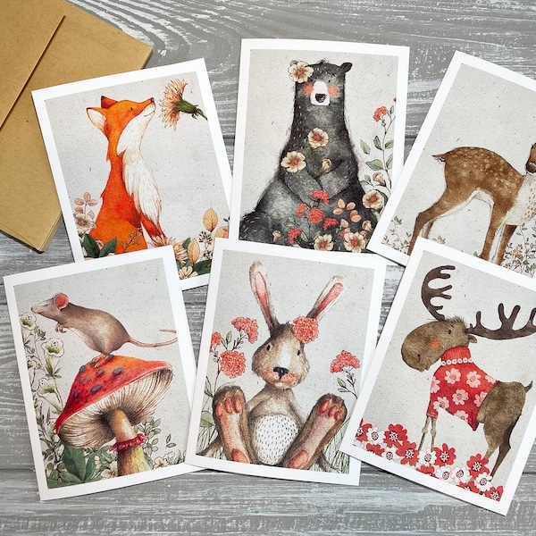 Watercolor Woodland Animals Note Cards Set, Forest Animals Notecards Blank Inside, All Occasion Stationery for Kids, Vintage Style Cards