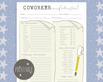 Coworker Favorite Things Printable Questionnaire (Digital Download)