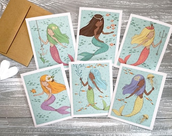 Vintage Mermaid Greeting Cards Set of 6, Mermaid Stationery for Girls, Mermaid Thank You Cards for Kids, Girls Thank You Notes Blank Inside