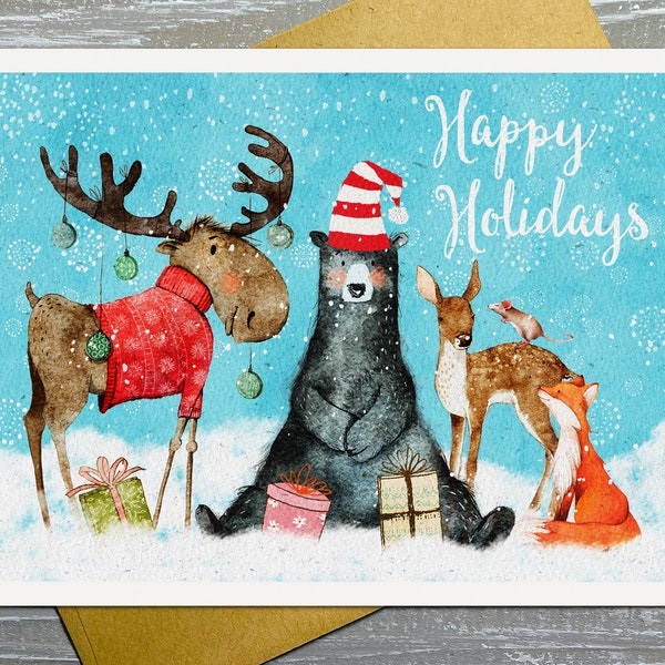 Woodland Animals Holiday Cards Set, Funny Holiday Card, Forest Animal Happy Holidays Card for Kids, Rustic Holiday Card Set Funny Animals