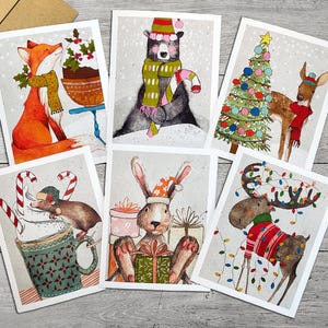 Cozy Christmas Woodland Animals Note Cards Set of 6, Forest Animals Watercolor Holiday Notecards Blank Inside, Rustic Xmas Greeting Cards