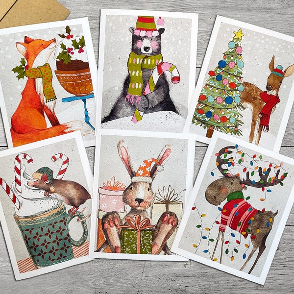 Cozy Christmas Woodland Animals Note Cards Set of 6, Forest Animals Watercolor Holiday Notecards Blank Inside, Rustic Xmas Greeting Cards