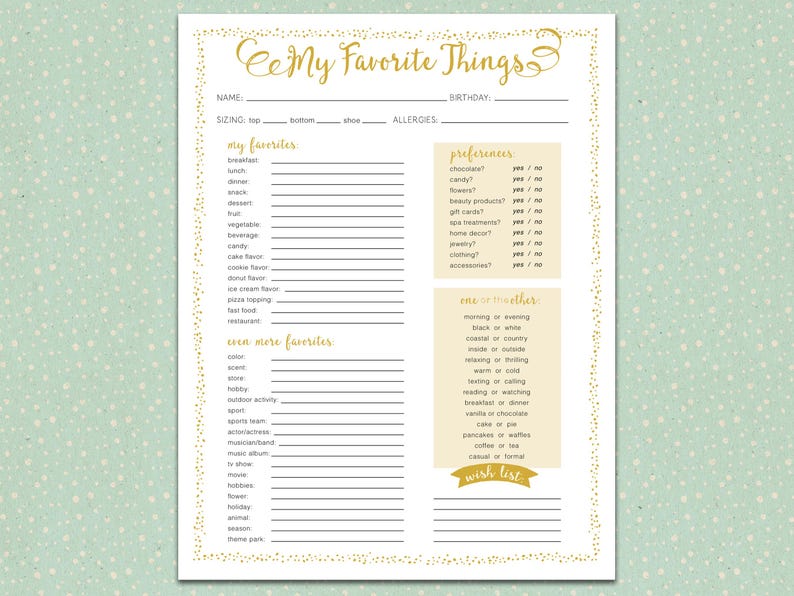 My Favorite Things Printable Template Digital Download, Employee ...