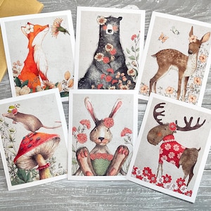 Watercolor Woodland Animals Note Cards Set, Forest Animals Notecards Blank Inside, All Occasion Stationery for Kids, Vintage Style Cards