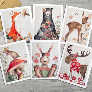 Watercolor Woodland Animals Note Cards Set, Forest Animals Notecards Blank Inside, All Occasion Stationery for Kids, Vintage Style Cards