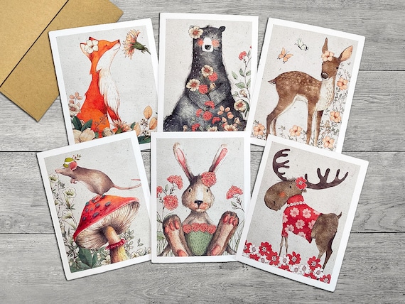 Watercolor Woodland Animals Note Cards Set, Forest Animals Notecards Blank Inside, All Occasion Stationery for Kids, Vintage Style Cards