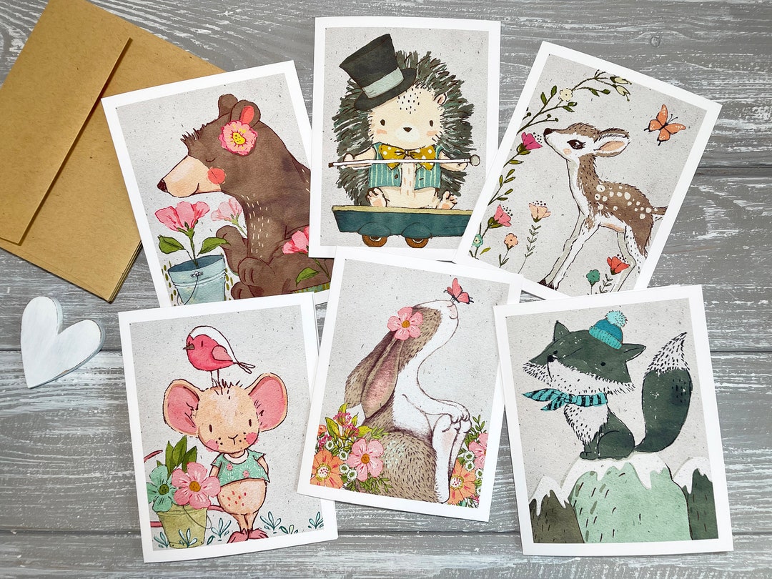 Woodland Animals Note Cards Blank Inside, Watercolor Animals Notecards