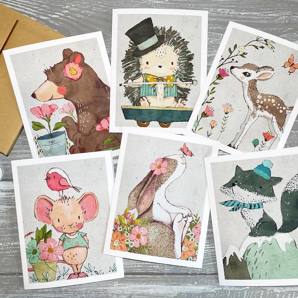 Woodland Animals Note Cards Blank Inside, Watercolor Animals Notecards Set, All Occasion Stationery for Kids, Thank You Cards Baby Shower