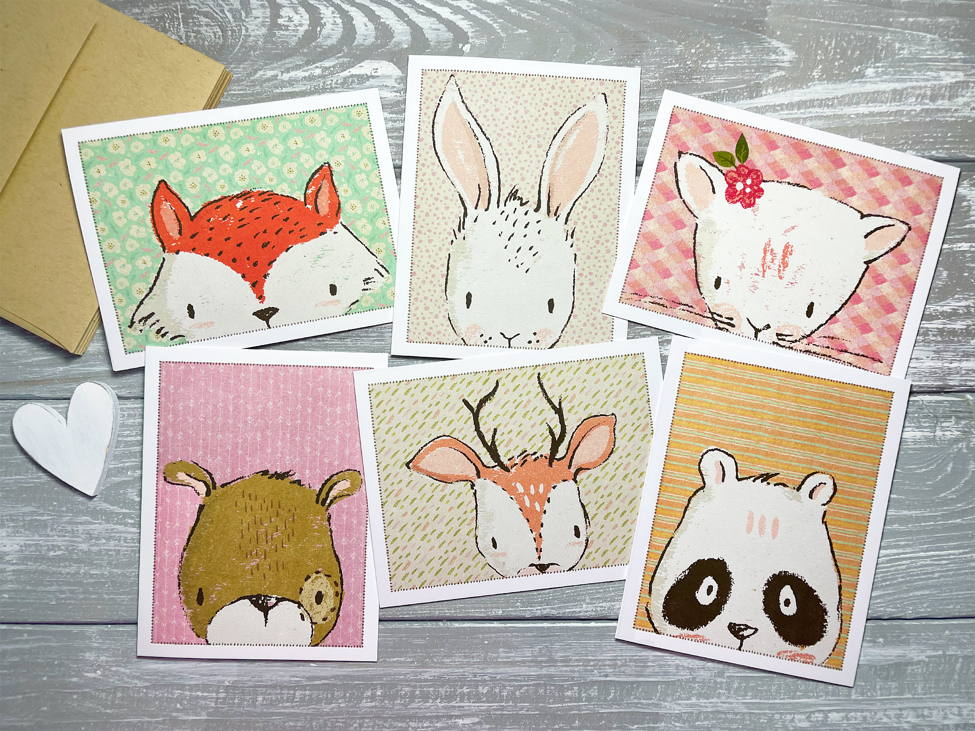 Rustic Animals Note Cards Set, Forest Animals Notecards Blank Inside