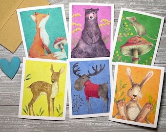 Woodland Animals Stationery Set of 6, Watercolor Animals Note Cards Blank Inside, Forest Animals Notecards for Kids, Thank You Cards