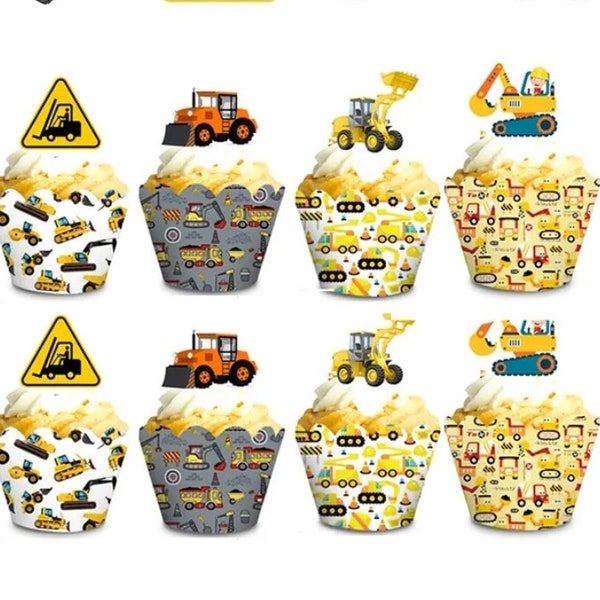 Baufahrzeuge Traktor Bagger 12Pcs Muffinförmchen Cupcake- Keks Backförmchen mit Aufstecker