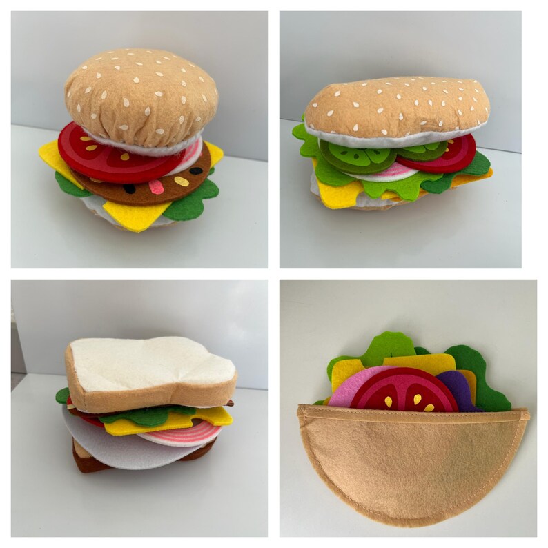 Filz Hot Dog Hamburger Toastbrot Lebensmittel Spielzeug für Spielküche Filz Burger selber belegen für Kinder Kaufladen Zubehör Bild 1