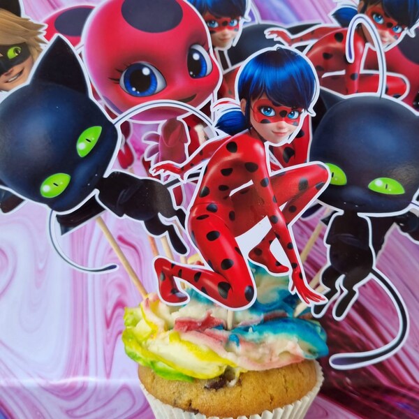 Ladybug Torte - Miraculous Topper für Muffin Muffin Deko Cupcakes  -SET 12 STÜCK-  Ladybug Geburtstag Miraculous Cupcake