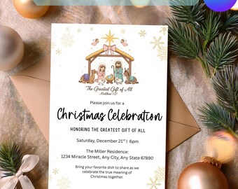 May include: A Christmas celebration invitation with a nativity scene illustration. The text reads "Christmas Celebration" and includes event details. The invitation is decorated with snowflakes and the Canva logo.