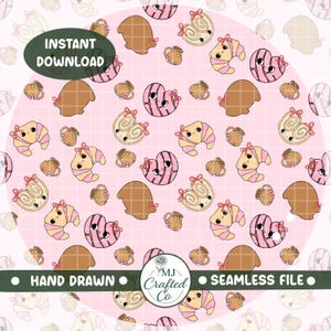 May include: A pink seamless pattern featuring cartoon pastries and coffee cups. The design includes croissants, heart-shaped pastries, and other baked goods with cute faces. The words "Instant Download", "Hand Drawn", and "Seamless File" are also visible.