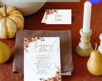 Thanksgiving Table Menu & Place Card Template - Editable Fall Floral Design - Digital Download