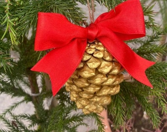 10 PIECES, Gold Pine Cones, Cone Tree Ornament with Ribbon, Christmas Decor, Gold Cone Pine Tree Ornament