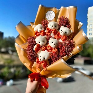 Teddy Bear Flowers, Plush Teddy Bear Flower Bouquet, Love Teddy Bear Flower Bouquet Orange